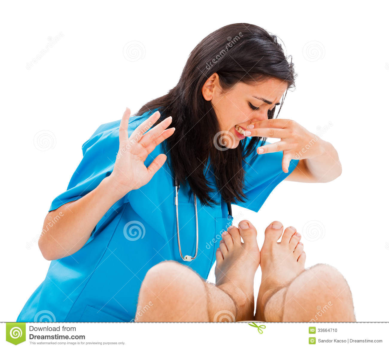 Female Nurse Holding Her Nose From The Smell Of Male Feet