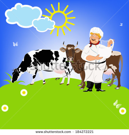 Happy Milkman And Dairy Cows On A Green Meadow Sticker Natural Milk