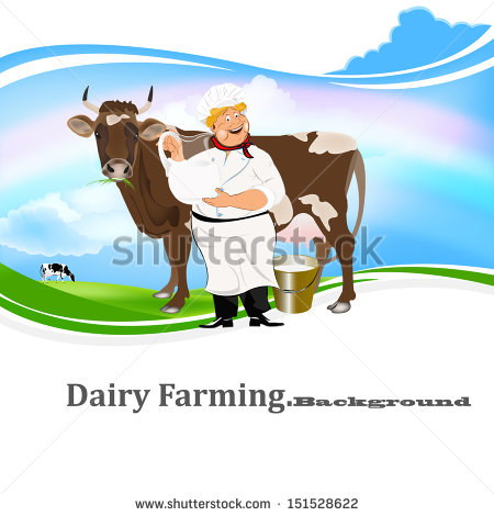 Happy Milkman With A Jug Of Milk And A Cow On A Green Meadow   Stock