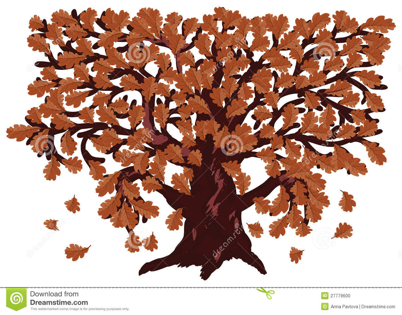 Illustration Of Big Oak Tree With Autumn Leaves