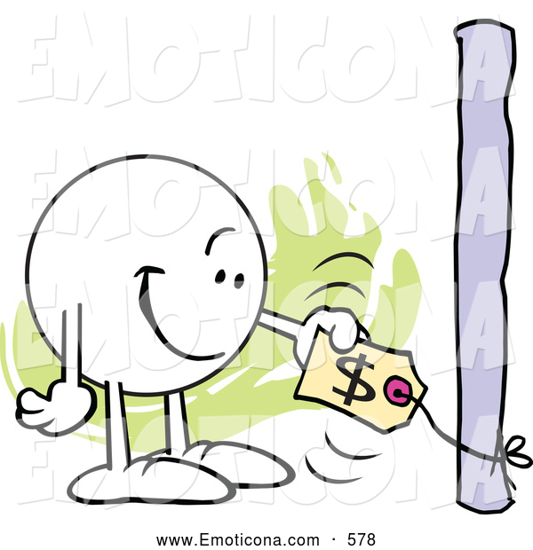 Of A Friendly Moodie Character Checking Low Price Tag Clipart