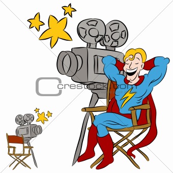Of A Superhero Star Sitting In A Directors Chair And Movie Camera