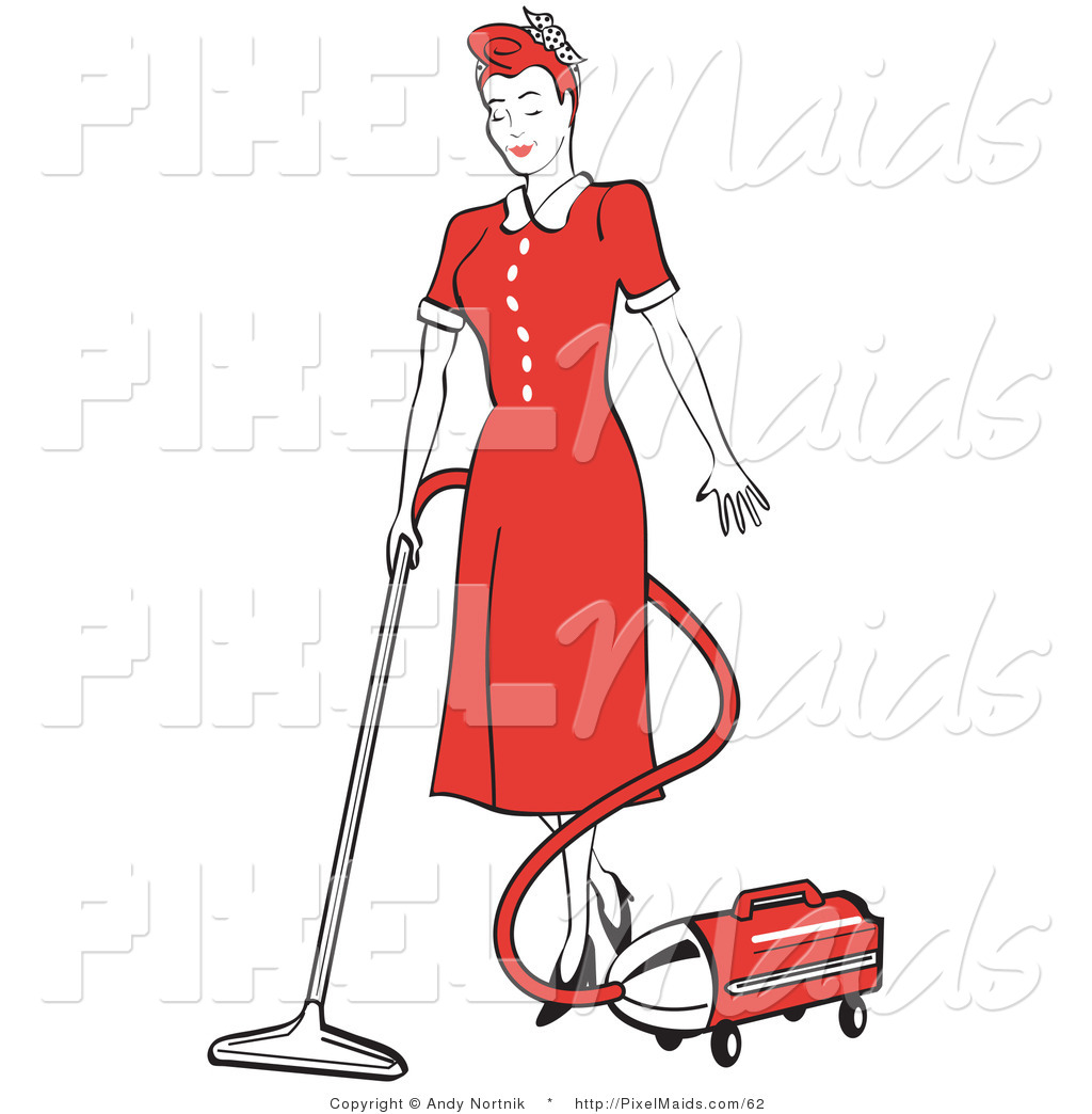 Red Haired Housewife Or Maid Woman In A Long Red Dress And Black Heels    