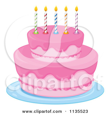 Birthday Cake On Cartoon Of A Pink Birthday Cake With Five Candles