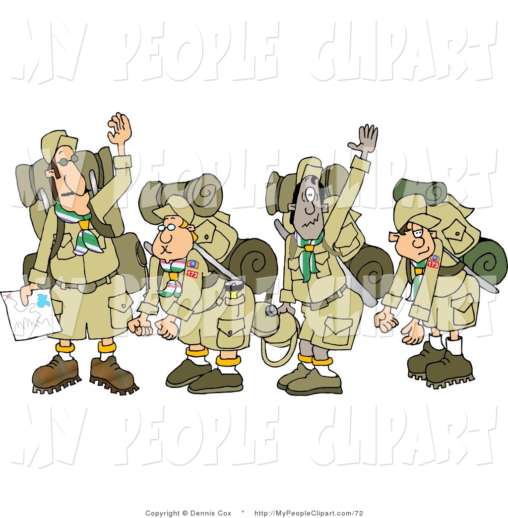 Clip Art Of A Group Of Four Boy Scouts Wearing Hiking Gear And Waving