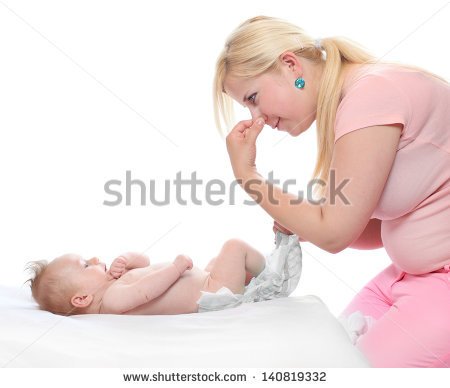 Diaper Changing Hygiene Concept Young Mother Solving An Smelly Diaper    