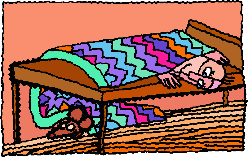 Jazzy Coloured Cartoon Of Man In Bed Leaning Over The Side To Look At