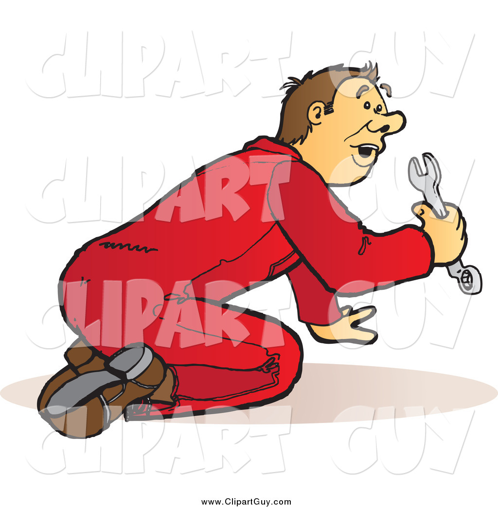 Larger Preview  Clip Art Of A Male Mechanic In Red Coveralls Kneeling