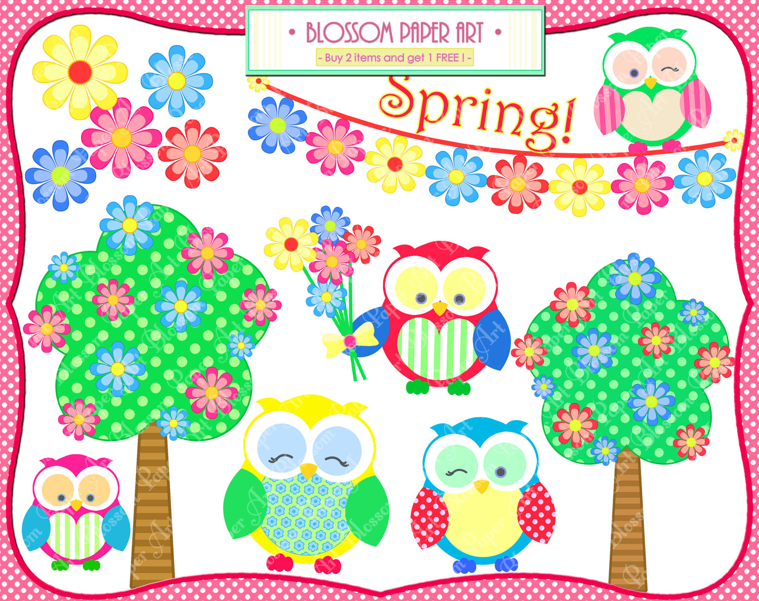 Owls Spring Clipart Flowers Trees Bunting By Blossompaperart