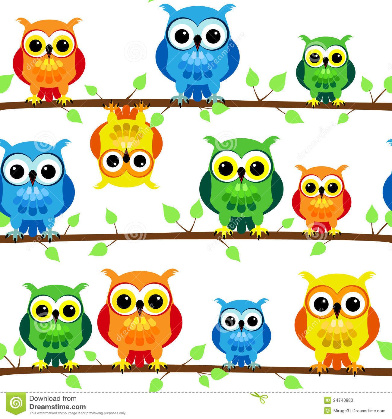 Seamless Pattern Of Cute And Fun Cartoon Owls In Colorful Yellow Blue