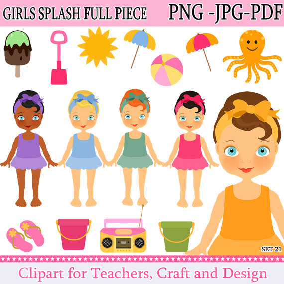 Summer Splash Girl In Fulll Piece Clip Art   Girl In Swimwear Digital    