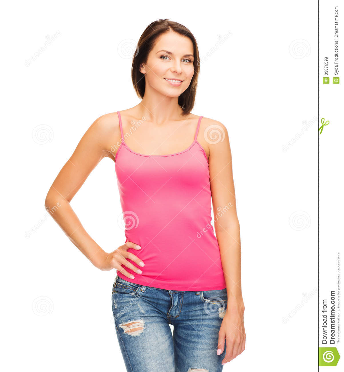 Tank Top Design Concept   Smiling Woman In Blank Pink Tank Top 