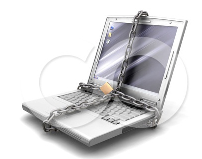 26156 Clipart Illustration Of A Gray Laptop Computer Locked In Chains