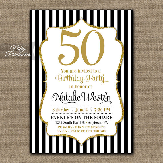 50th Birthday Invitations   Black   Gold Glitter 50   Black Tie    