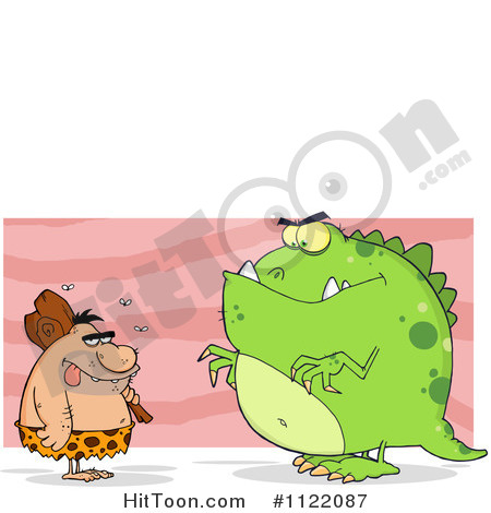 Cartoon Of A Dumb Stinky Caveman And Dinosaur Over Pink   Royalty Free