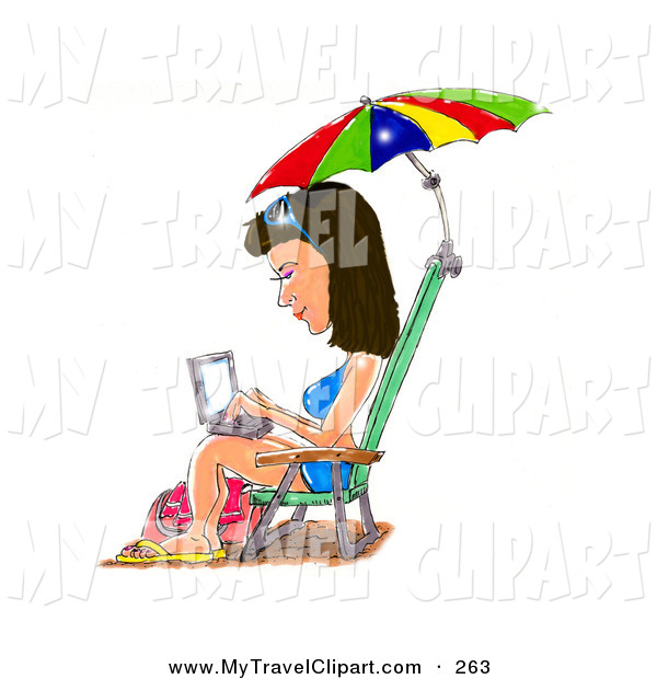 Clipart Of A Happy Brunette Woman In A Blue Bikini Sandals And