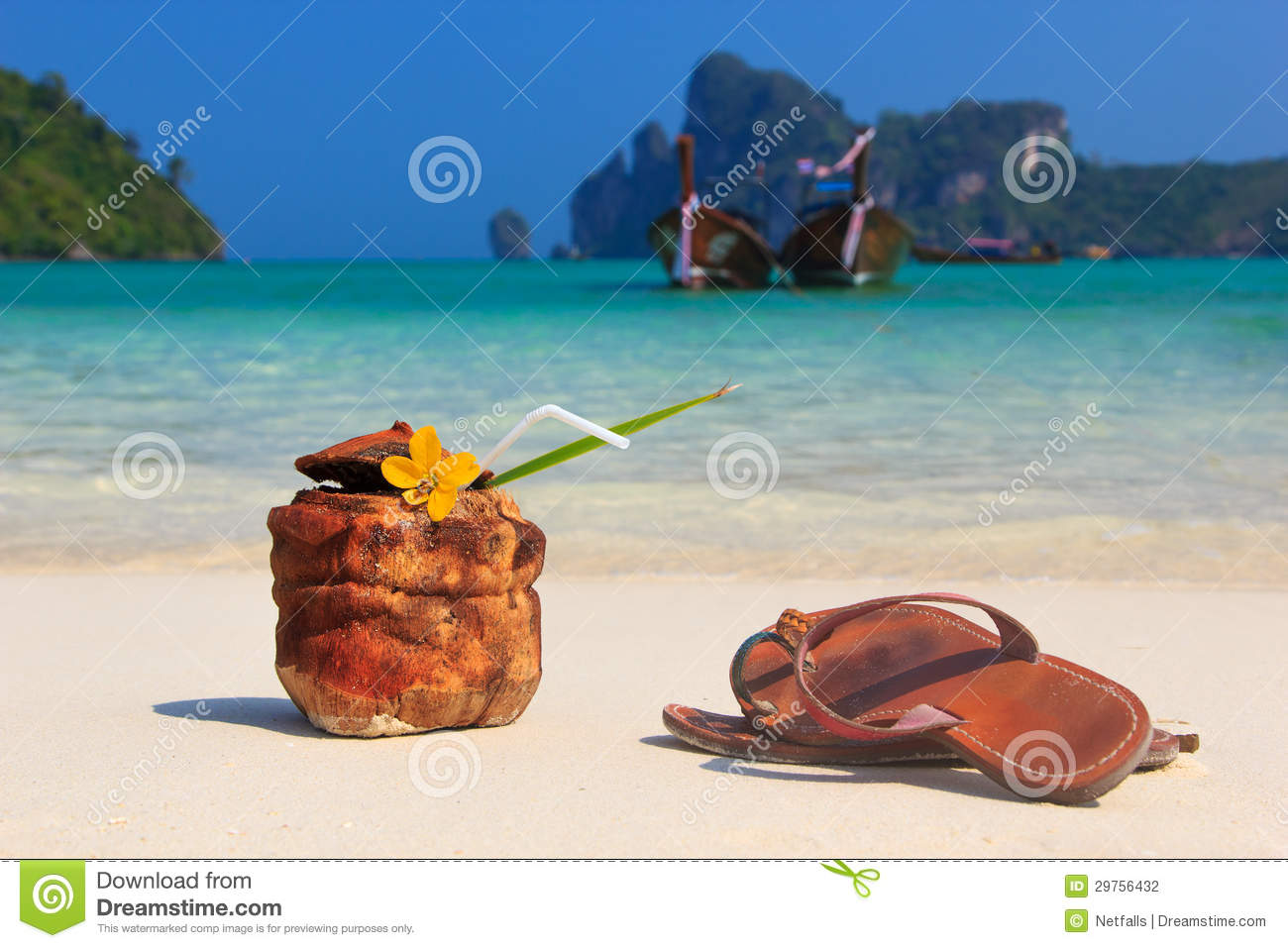 Coconut Cocktail And Sandals On The Beach Stock Photography   Image
