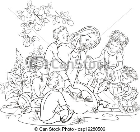 Illustration Jesus Reading The Bible With Children  Colouring Page