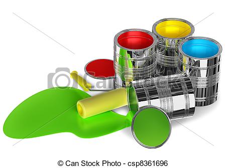 Illustration Of Cans Of Paint And Roller Prepared For Painting Walls