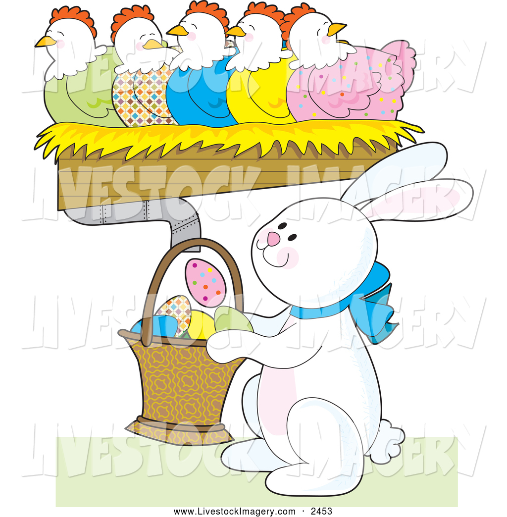 Larger Preview  Clip Art Of A Cheerful Busy White Easter Bunny Holding