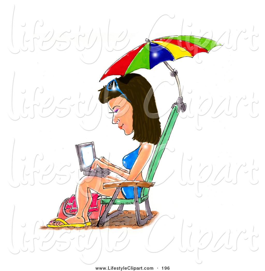 Lifestyle Clipart Of A Busy Brunette Woman In A Blue Bikini Sandals