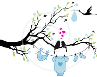 New Baby Boy Or Girl Cute Birds On Tree Clothes Line Stork Digital