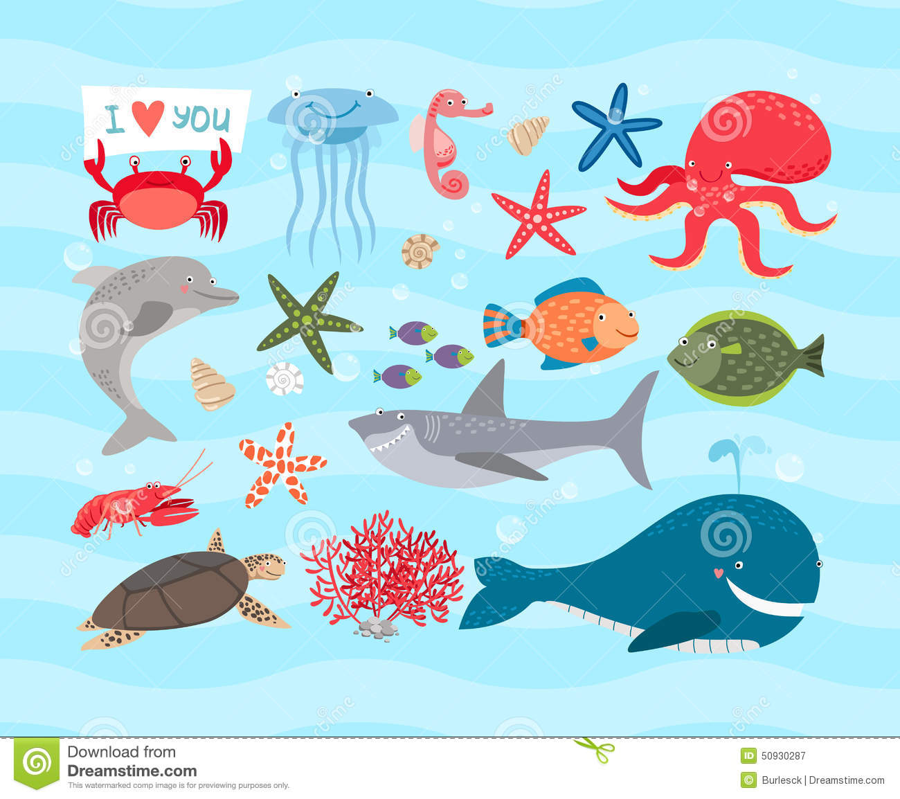 Set Of Cute Sea Animals  Dolphin And Octopus And Turtle Jellyfish    