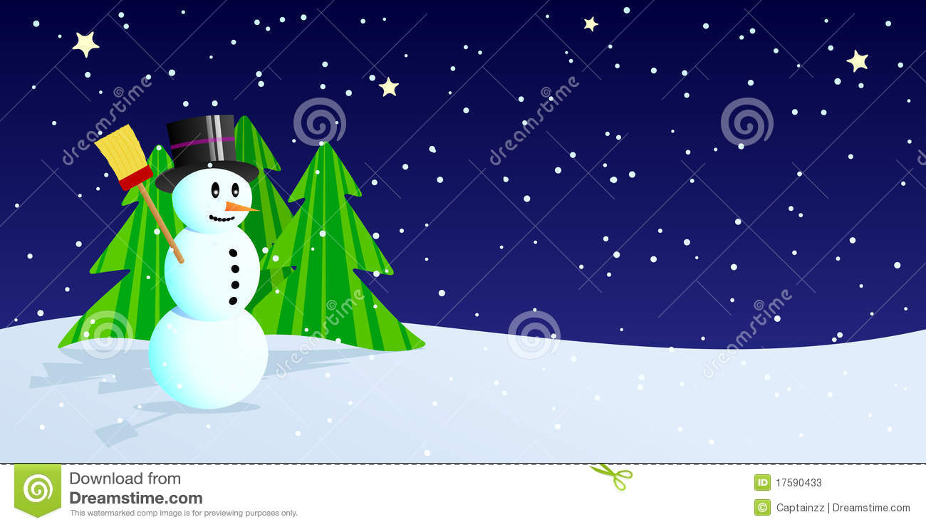 Snowman On The Snow Covered Field Firs And Stars On The Night Sky 