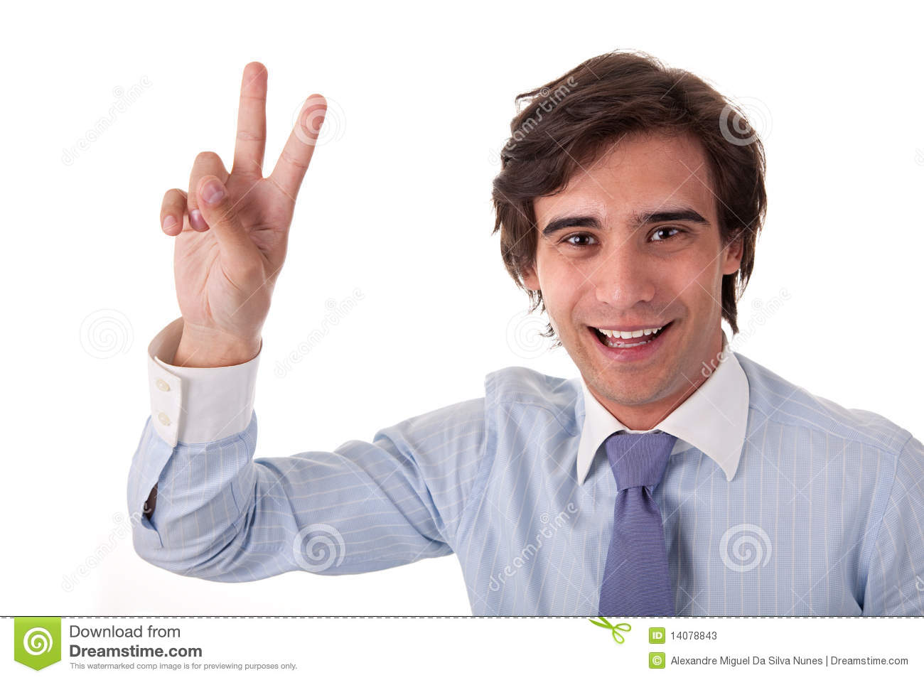 Young Bussiness Man With Arm Raised In Victory Sign Isolated On White
