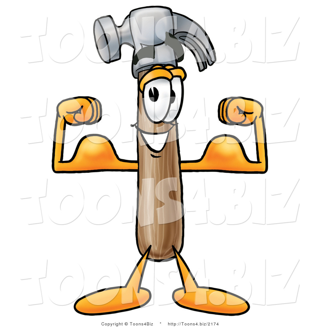 Cartoon Hammer Mascot Flexing His Arm Muscles Cartoon Hammer Mascot