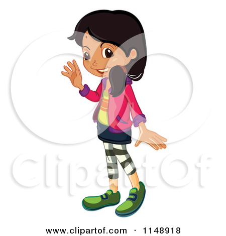 Cartoon Of A Girl Waving On A Path Near Huts A Cow And Scarecrow At