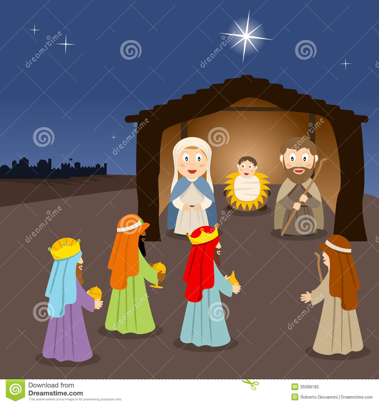 Christmas Nativity Scene With Mary Joseph And Jesus In The Manger    