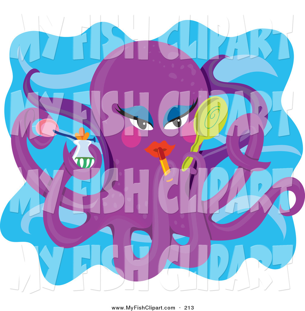 Clip Art Of A Pretty And Feminine Purple Octopus Applying Lipstick And