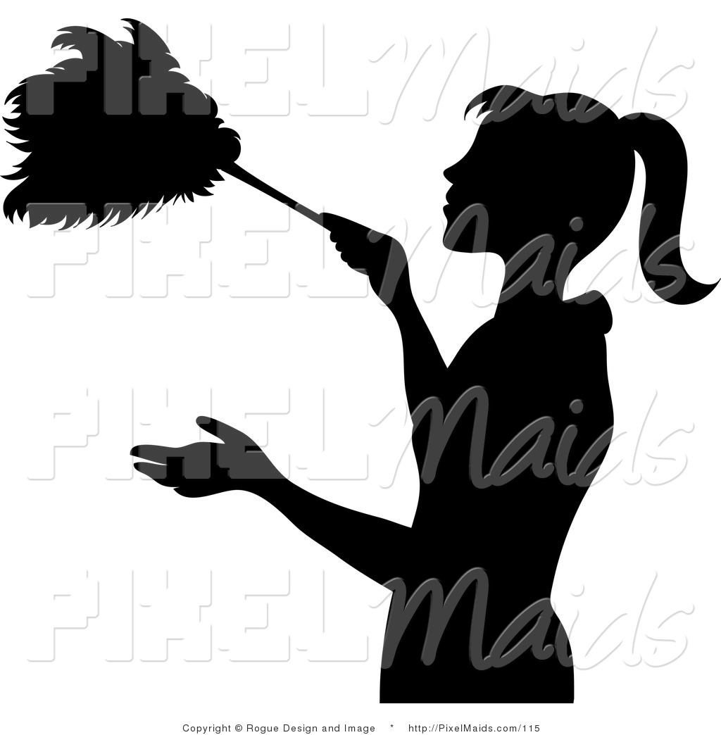 Clipart Of A Black Silhouetted Maid Using A Feather Duster