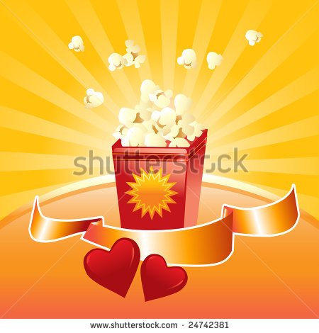 Popcorn Springing Out From The Box Shinny Label And Red Hearts Vector