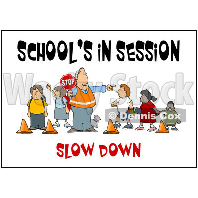 School Crosswalk Guard And Children With Text   Royalty Free Clipart