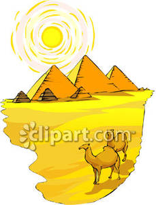 Two Camels Walking In The Desert By Pyramids   Royalty Free Clipart    