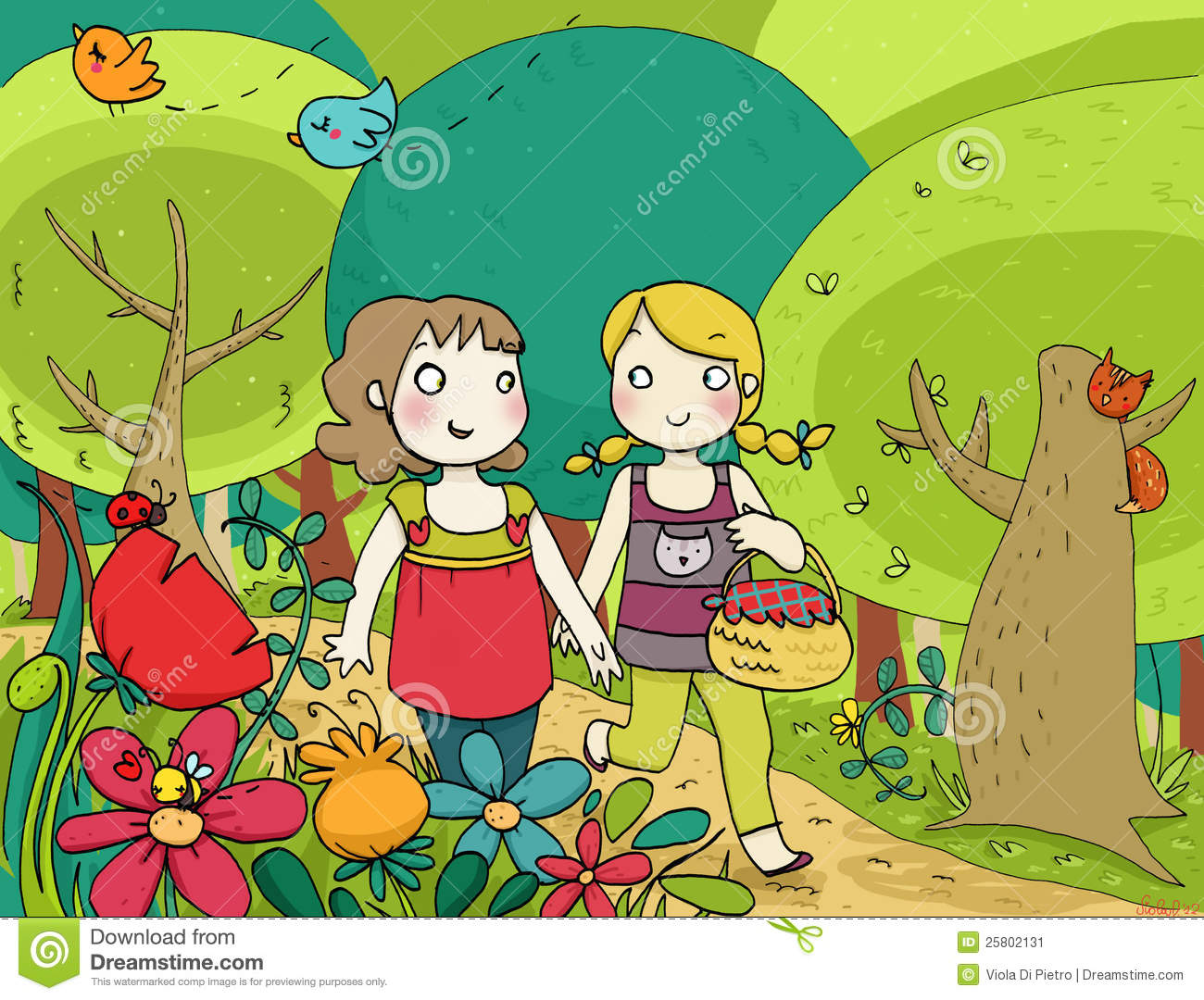 Two Happy Little Girls Walking Together In A Colorful Wood  Digital    