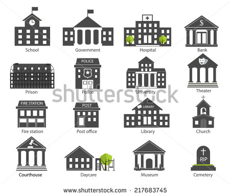 Black And White Government Buildings Icons Set In Flat Design Style    