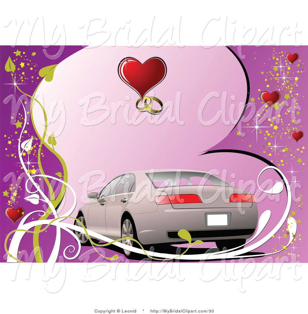 Bridal Clipart Of A Beige Wedding Car Over A Purple Heart Background