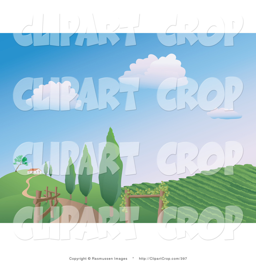 Clip Art Vector Of A Winding Country Road Along A Fence And Trees