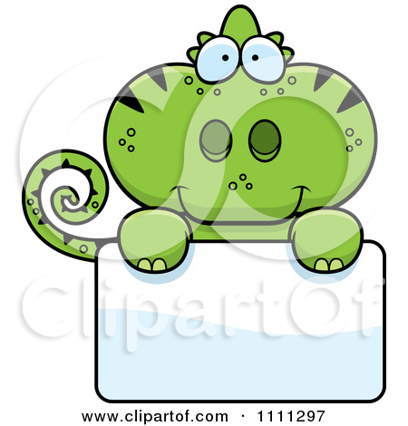Clipart Cute Green Chameleon Lizard Over A Sign   Royalty Free Vector