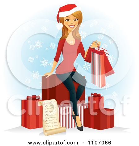 Clipart Happy Caucasian Woman With A Christmas Shopping List Bags And
