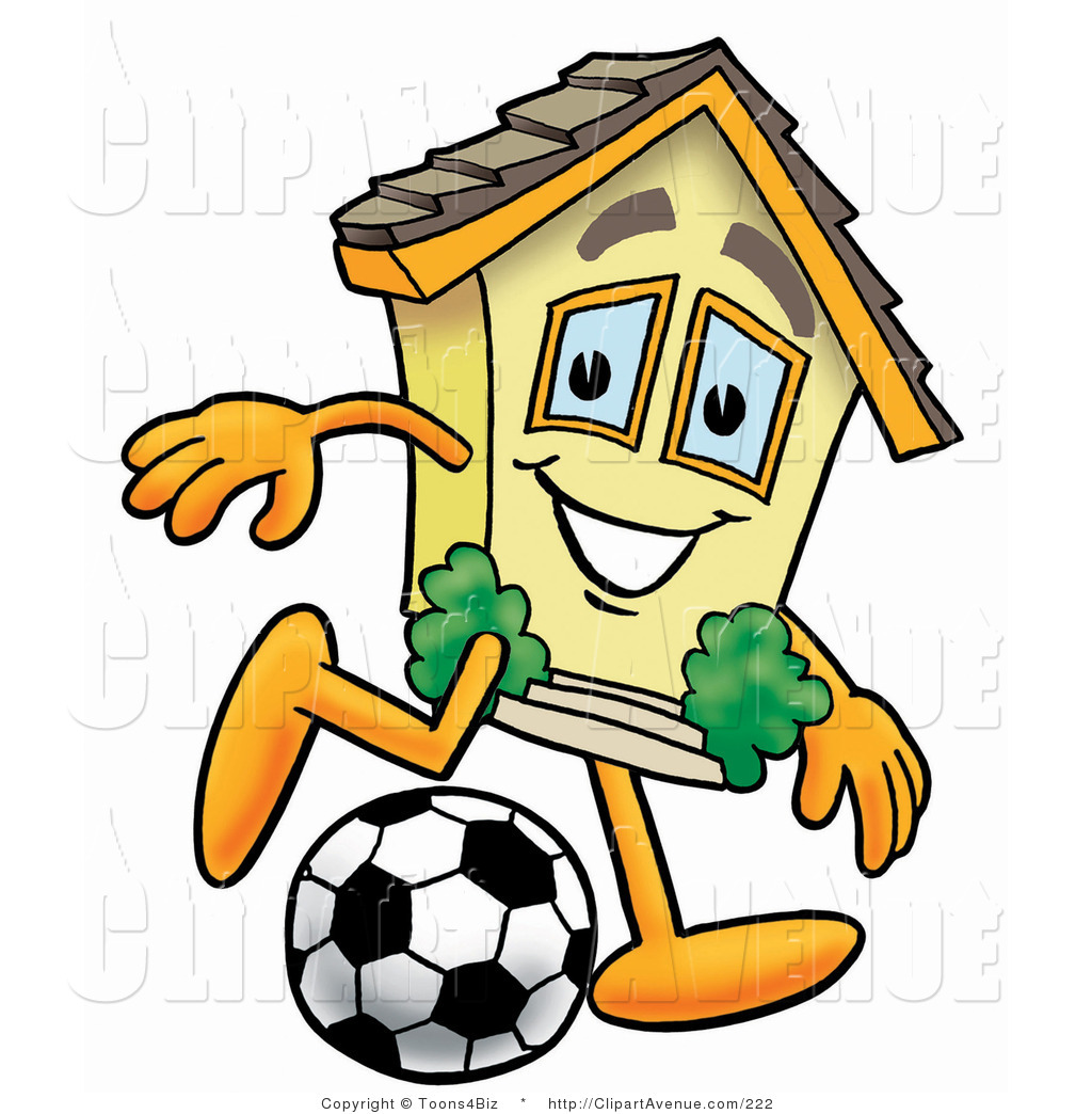 Clipart Of A Yellow House Mascot Cartoon Character Kicking A Soccer