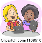 Clipart Two Women Laughing And Using Tablet Computers Over Purple    