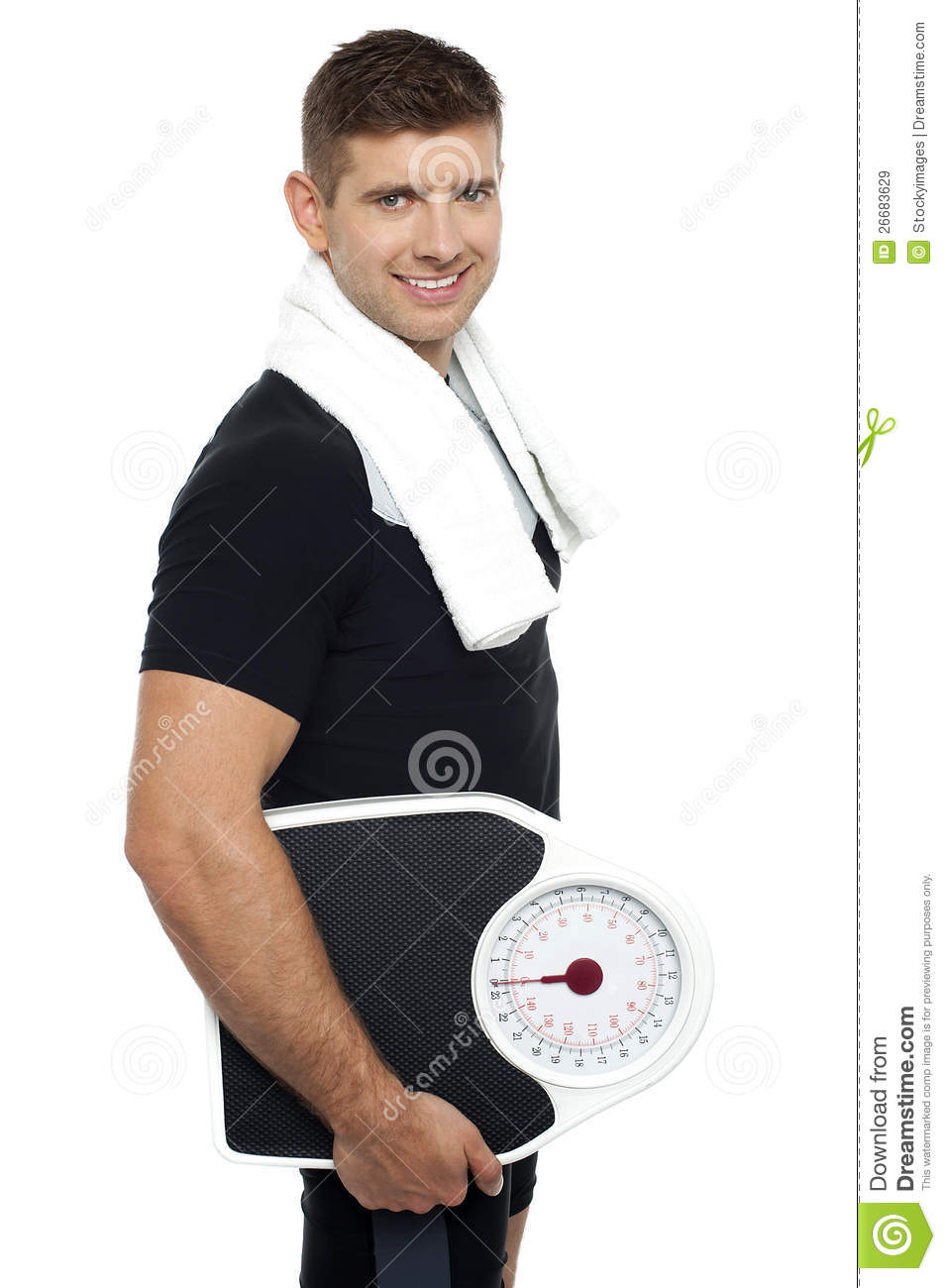 Healthy Young Man With A Weight Scale  Isolated Over White Background