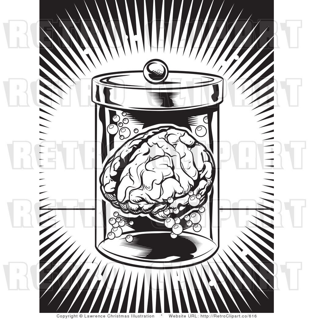 Black And White Brain In A Jar Retro Royalty Free Vector Clipart By