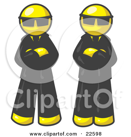 Clipart Illustration Of Two Yellow Men Standing With Their Arms