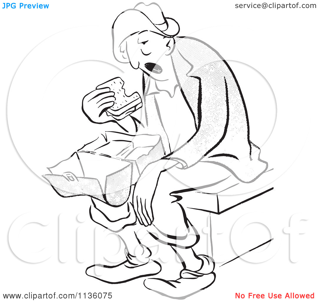 Clipart Of A Retro Vintage Tired Worker Man Eating A Sandwich For