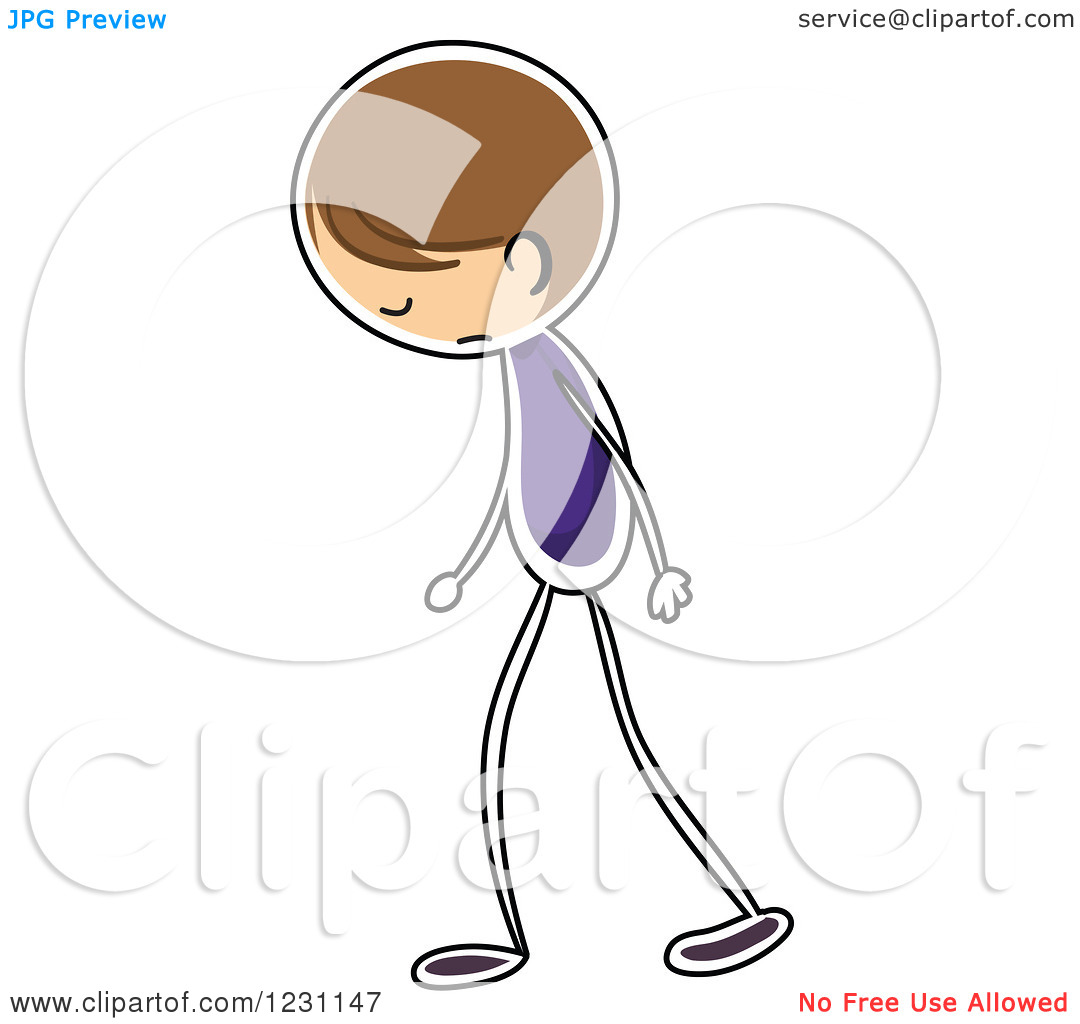 Clipart Of A Sad Stick Boy Walking   Royalty Free Vector Illustration
